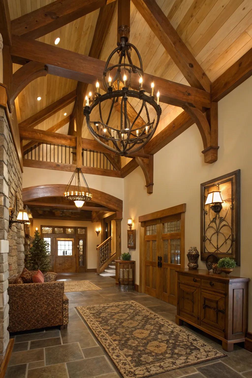 A timber chandelier enriches with earthy warmth to this craftsman foyer.
