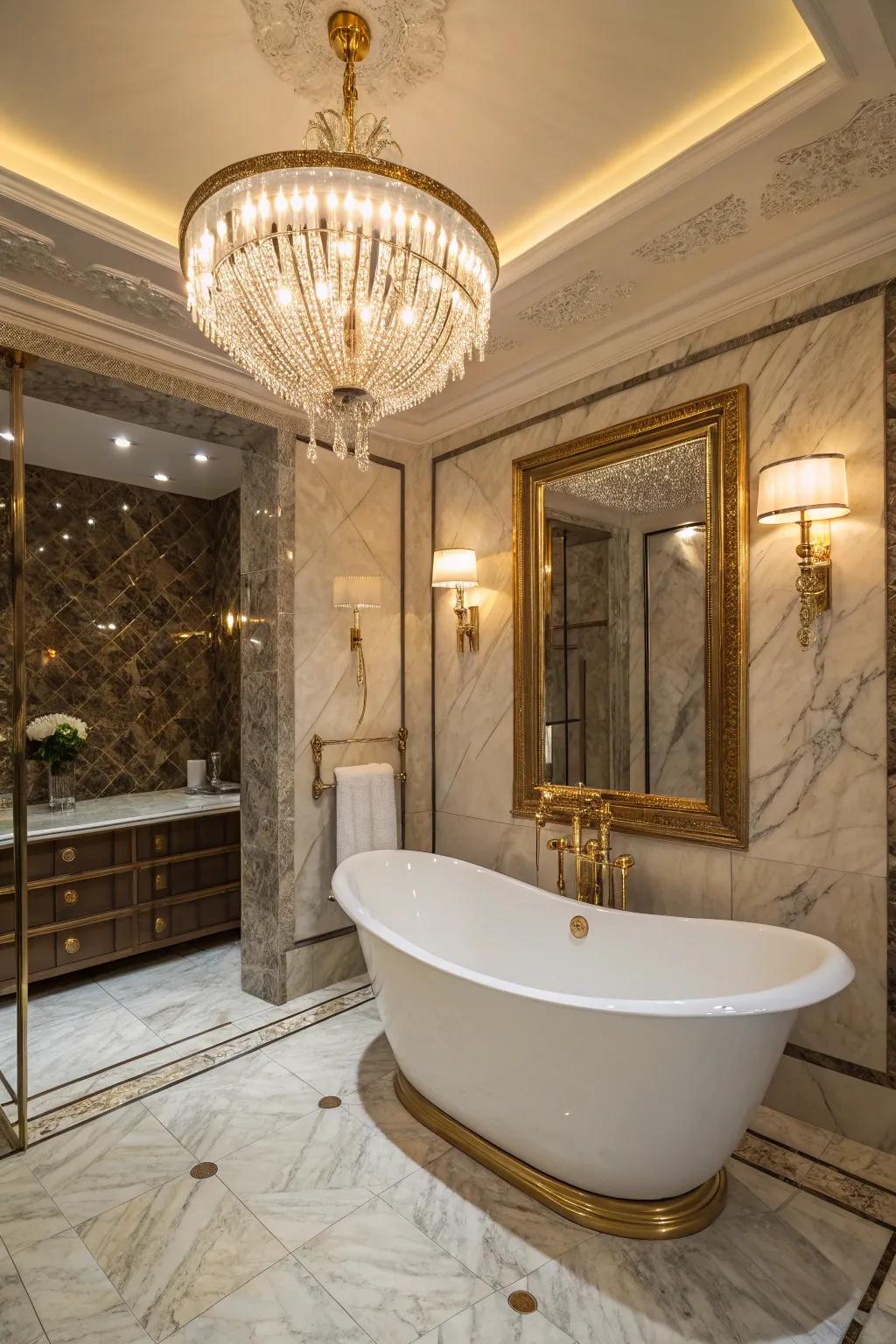 A luxurious bathroom enhanced with elegant accents and fixtures.