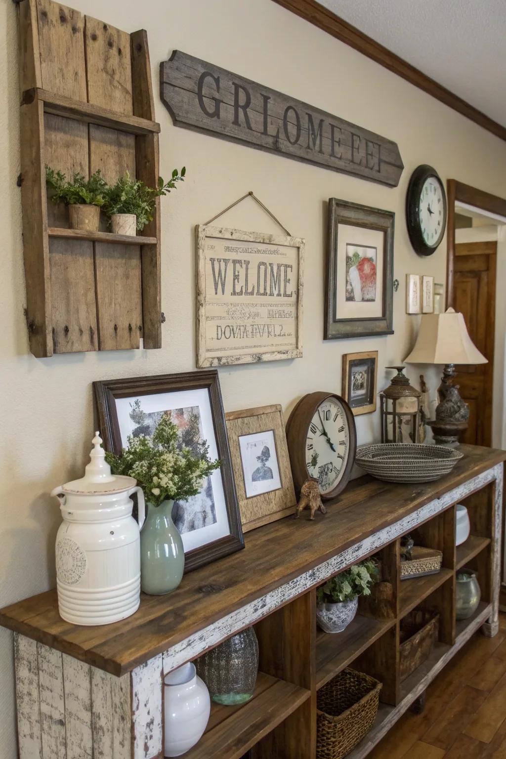 Country-style wall decor and vintage accessories adding charm to a room.