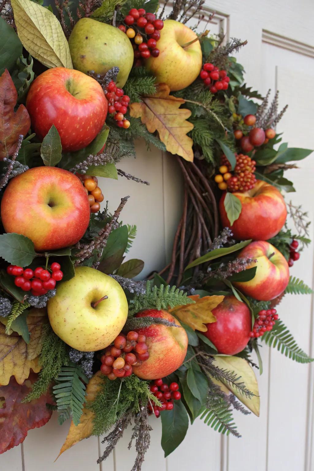 A fruit and foliage wreath, a celebration of nature's rich bounty at your doorstep.