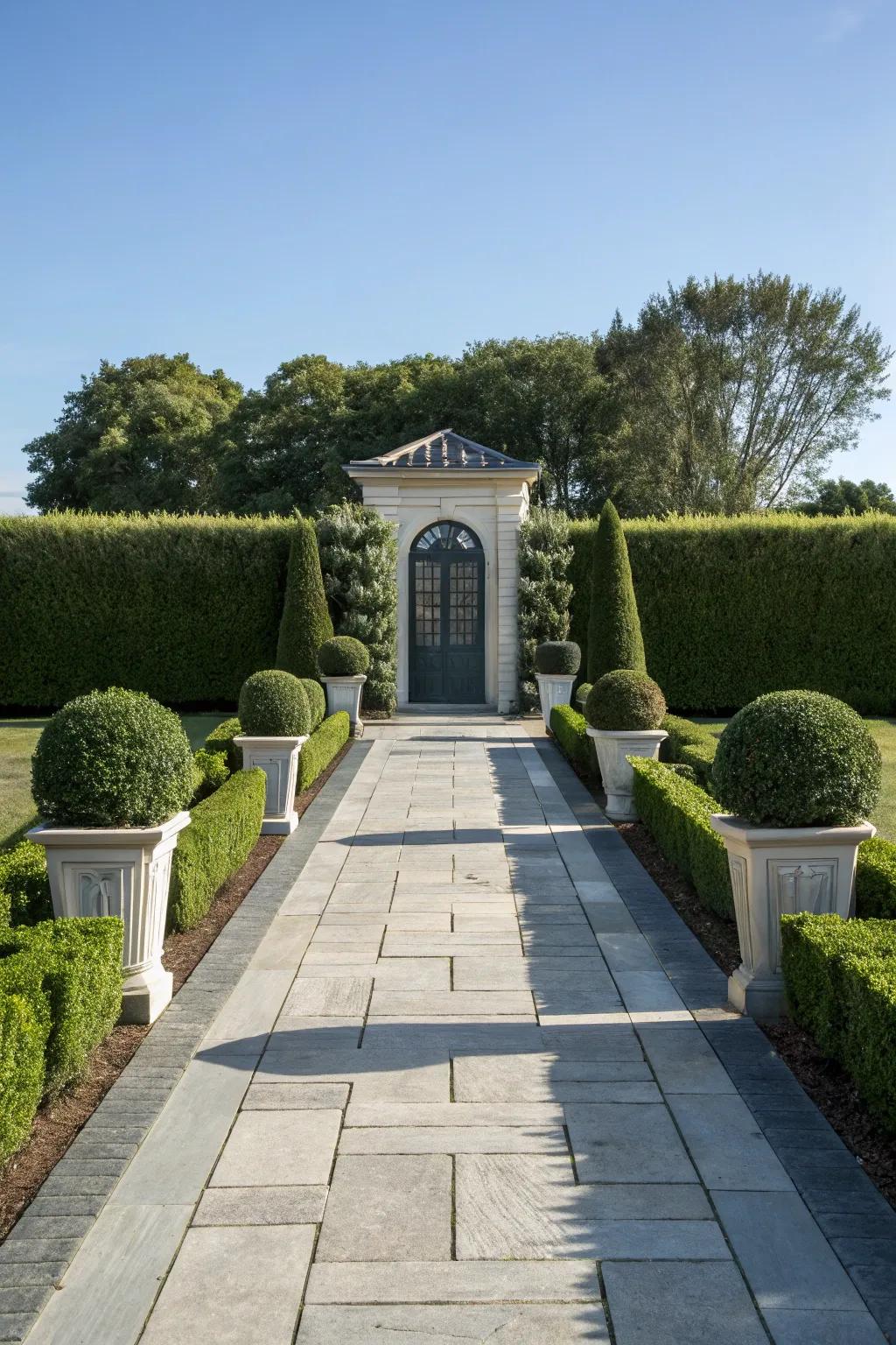 A symmetrical walkway aligning seamlessly with the home's entrance.