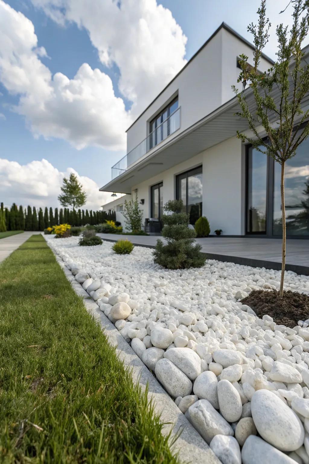 An ivory stone landscape offers a low-maintenance lawn alternative.