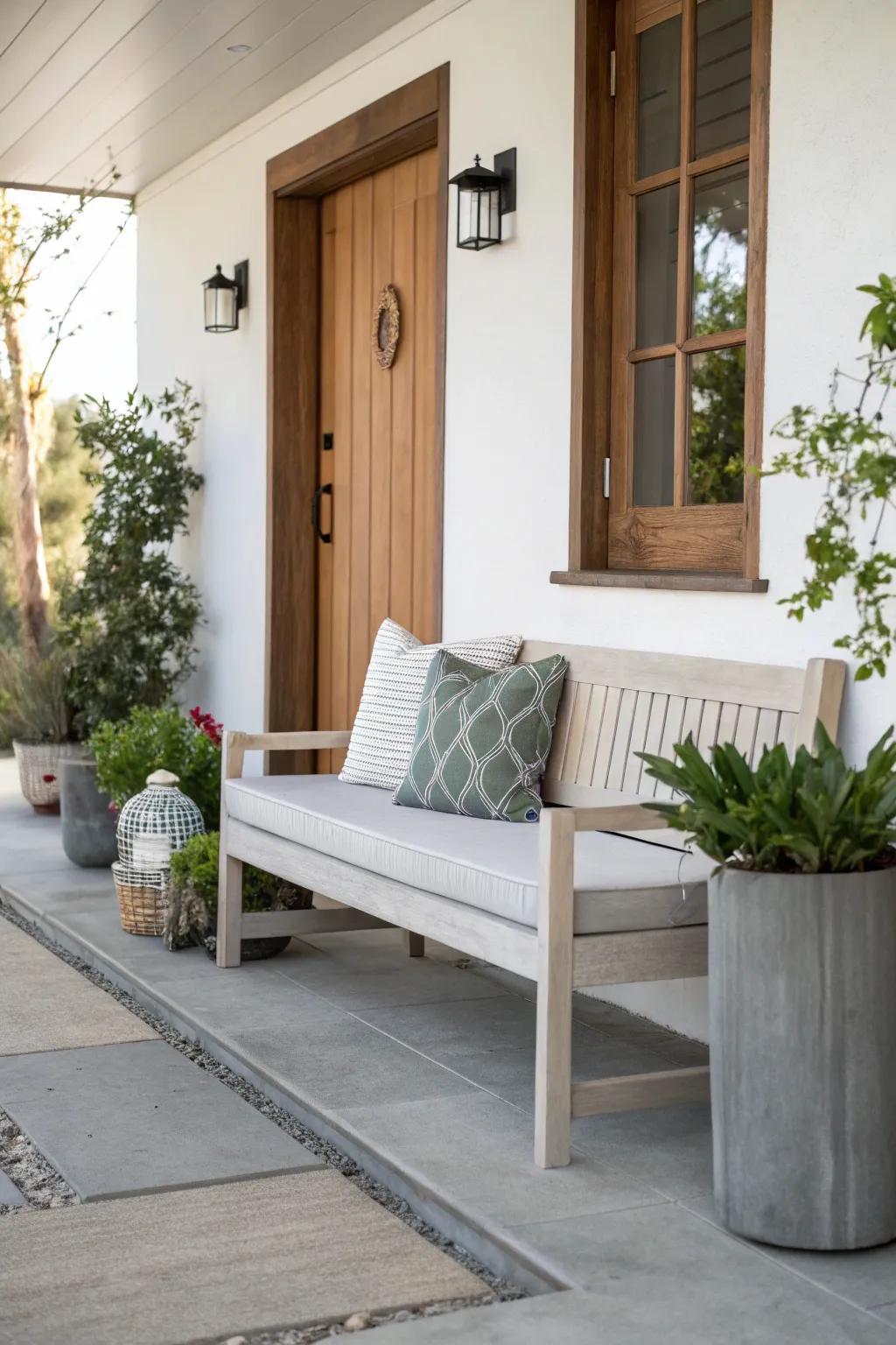 A modern minimalist bench gives a sleek and tranquil look.