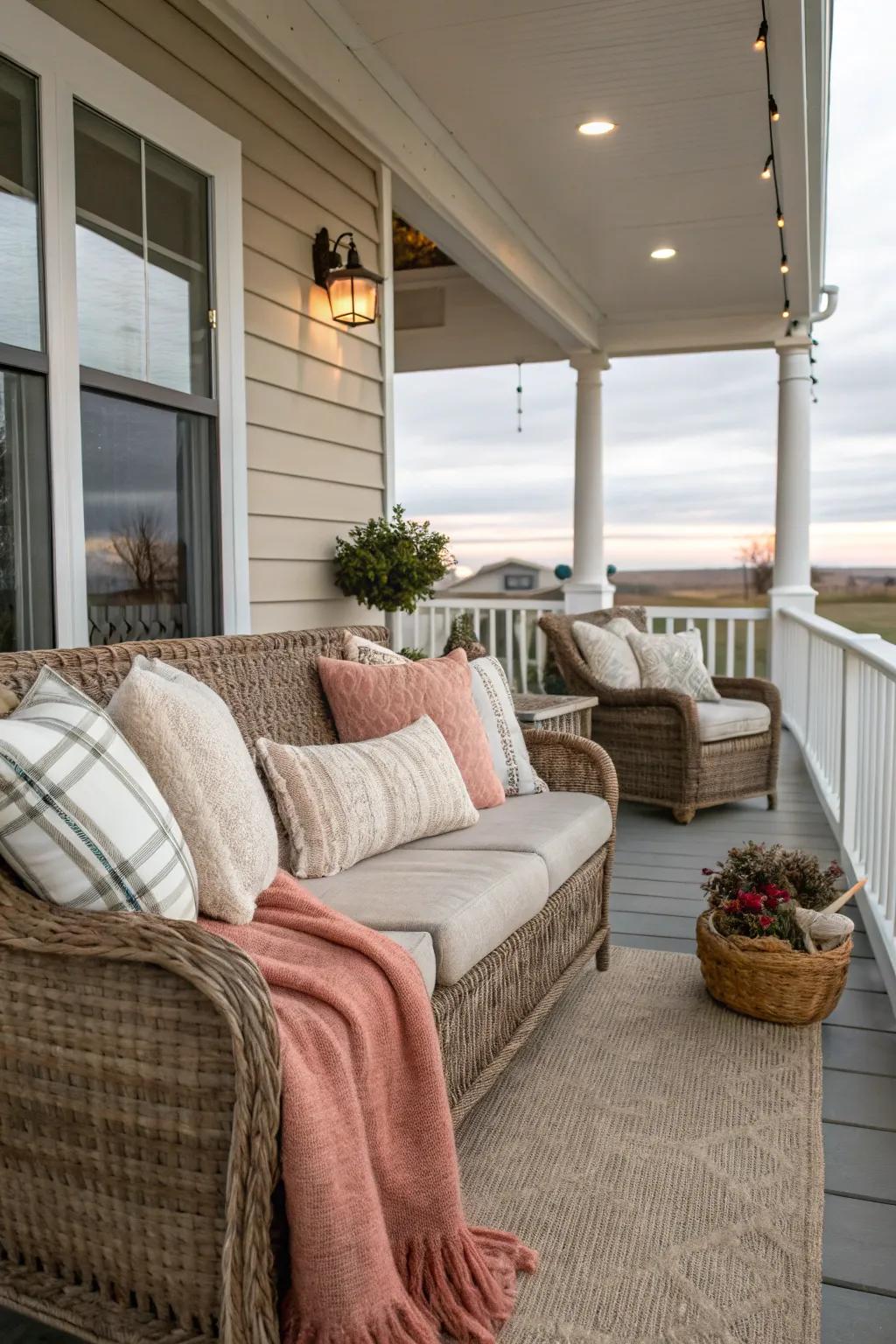 Inviting textiles fashion your deck as an ideal winter getaway.