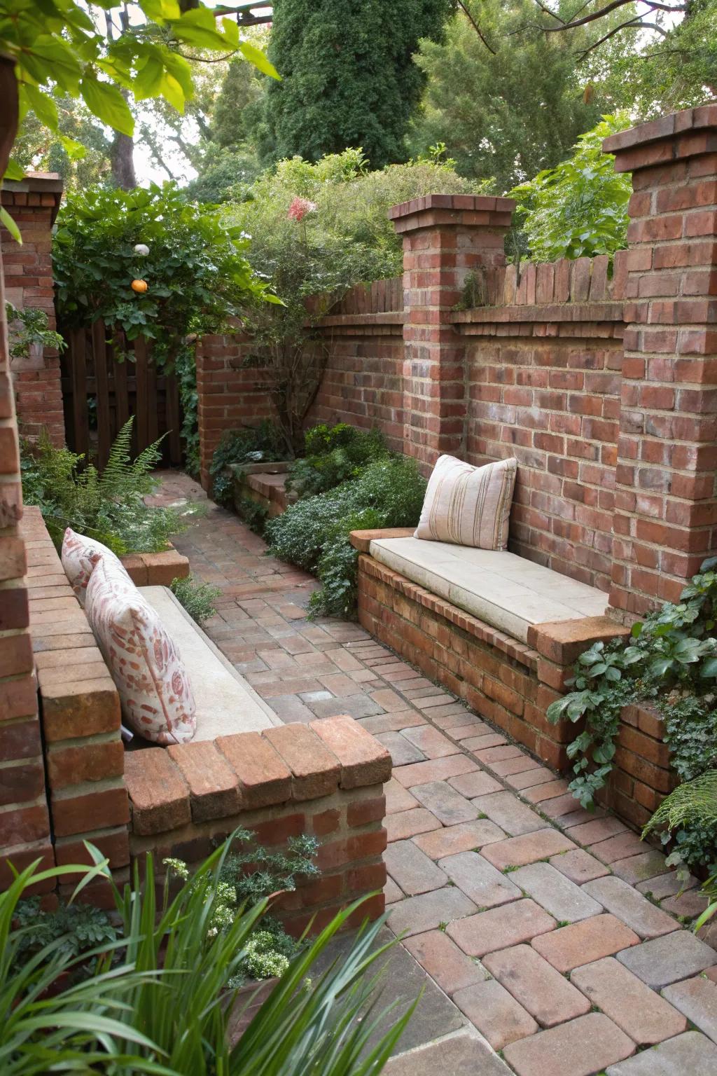 Brick seating spaces encourage relaxation in the garden.