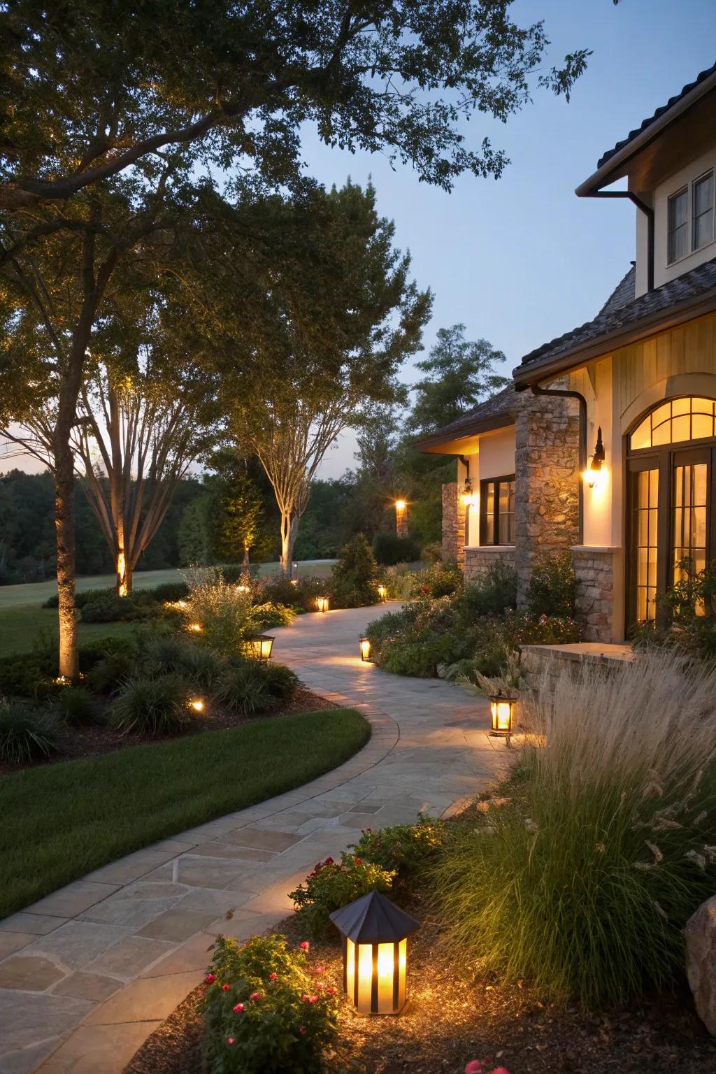 Exterior illumination enriches the courtyard's evening ambiance.