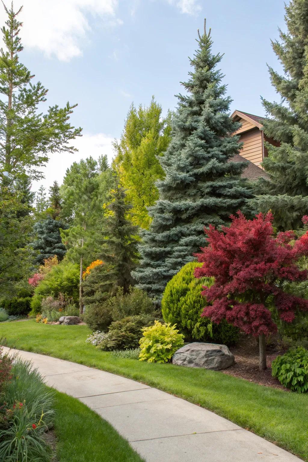 This evergreen landscape is made more vibrant by the colorful foliage.