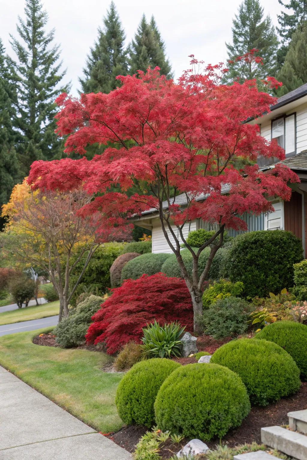 Evergreen bushes present a full backdrop to the dynamic colors of the Japanese maple.