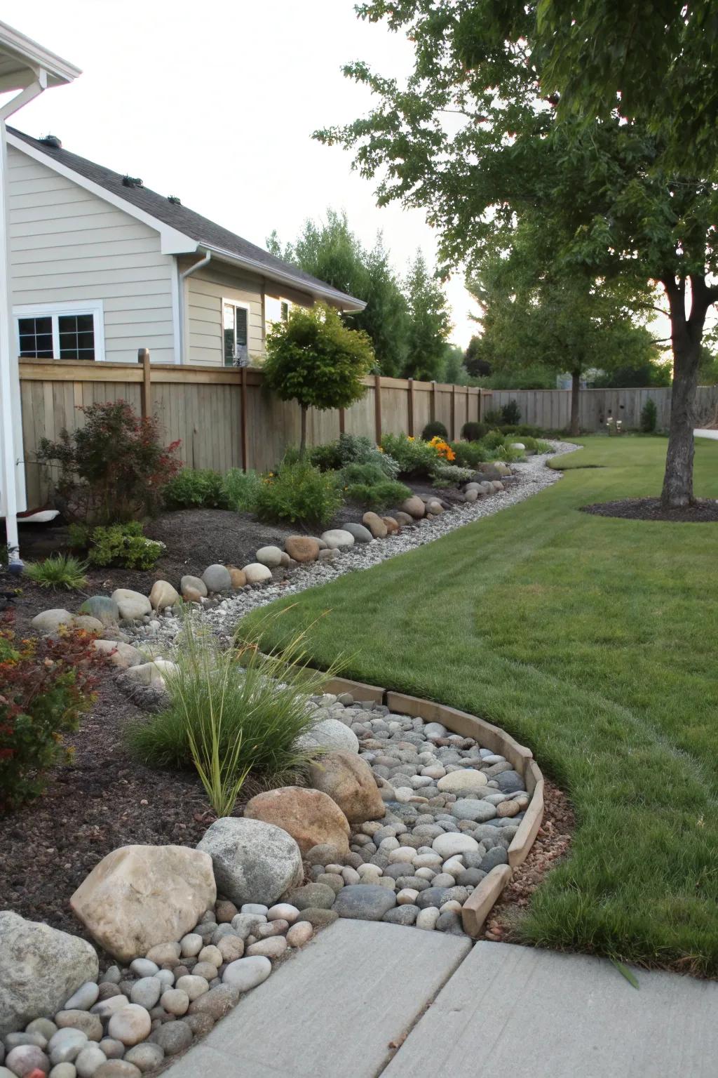 Demarcated borders in a front garden employing stones along walkways and planting beds.