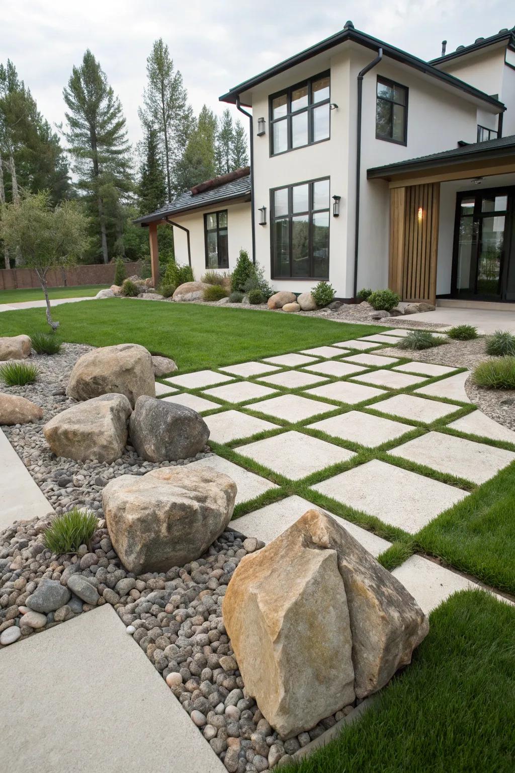 Achieve a contemporary appearance using geometric positioning of large stones.