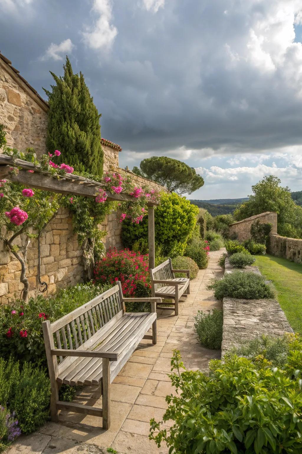 Wood and stone combine to create a balanced, rustic ambiance in this Mediterranean-inspired yard.