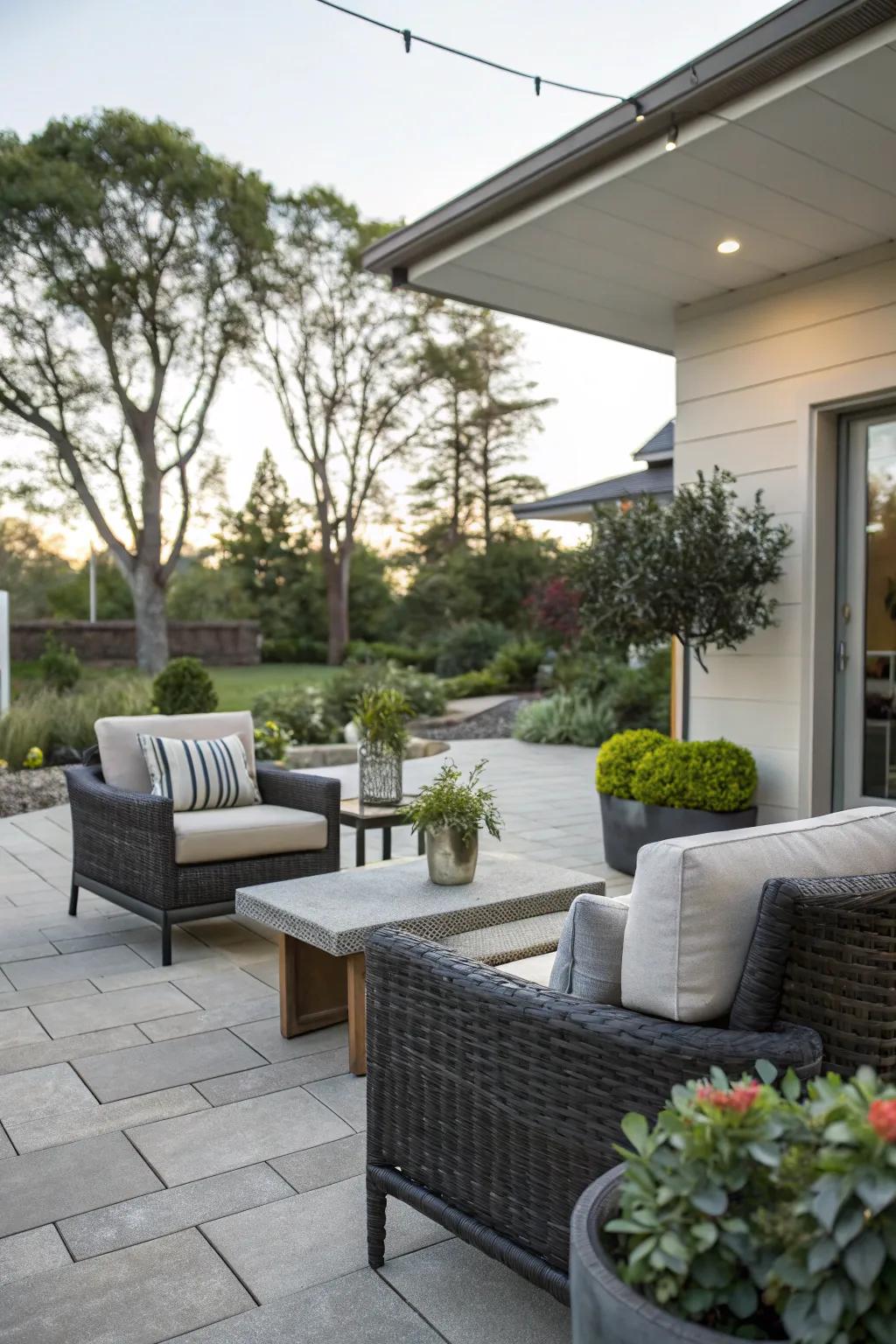 A cozy courtyard in the front lawn offers a functional outdoor getaway.