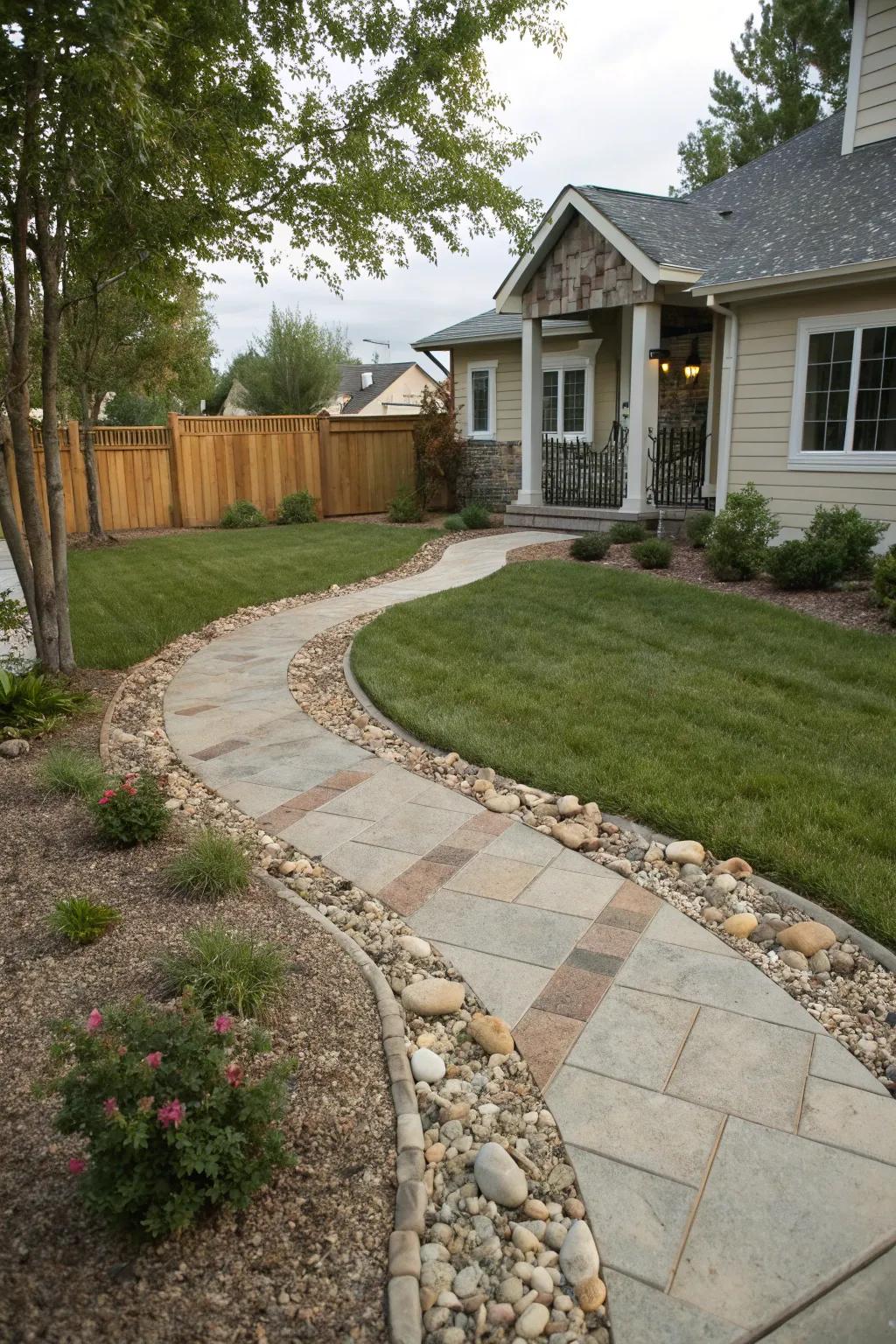 Mixing materials adds texture and depth to a front yard walkway.