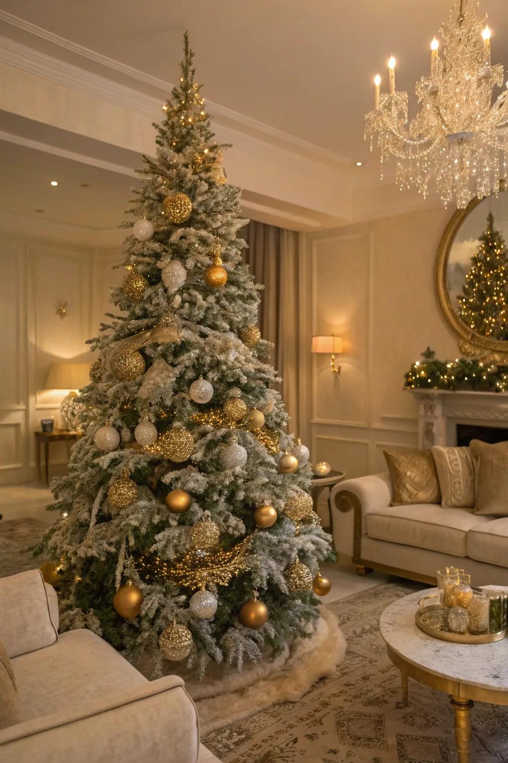 Gold and sparkle bring a glamorous flair to this frosted Christmas tree.