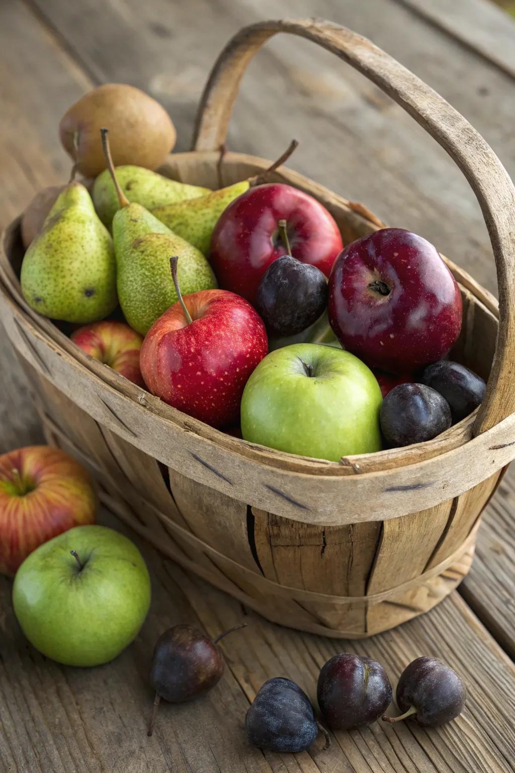 An endearing homespun fruit arrangement ideally suited for an inviting abode.