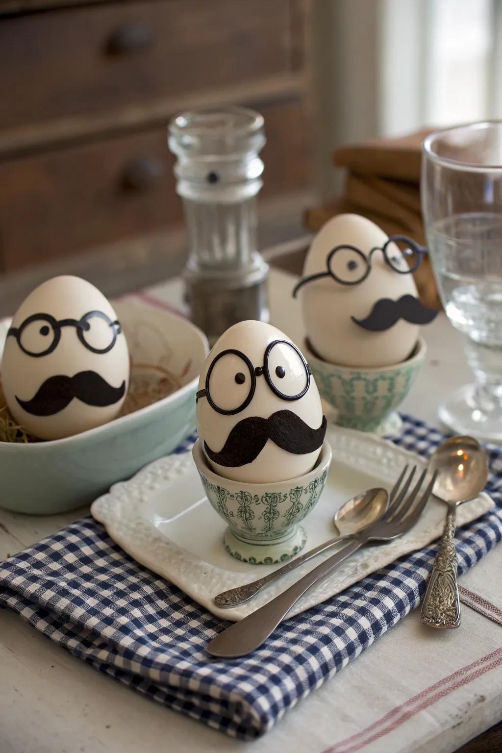 Eggs with a humorous touch thanks to quirky facial features.