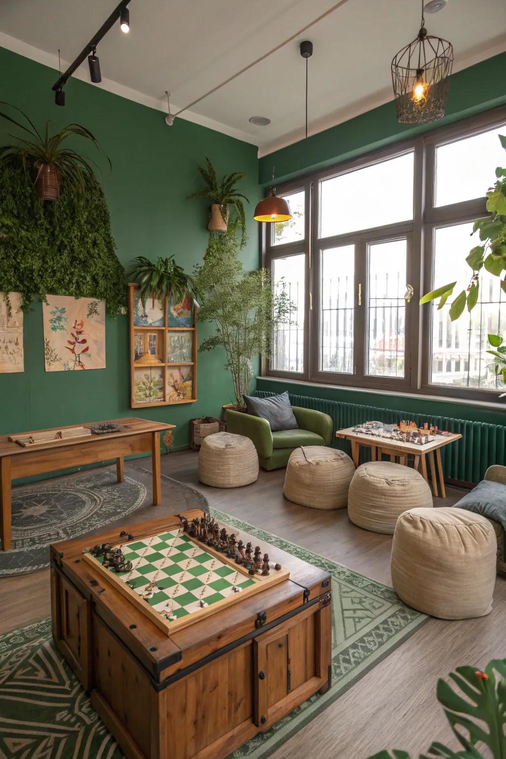 Your game room will feel tranquil and revitalized with green walls.