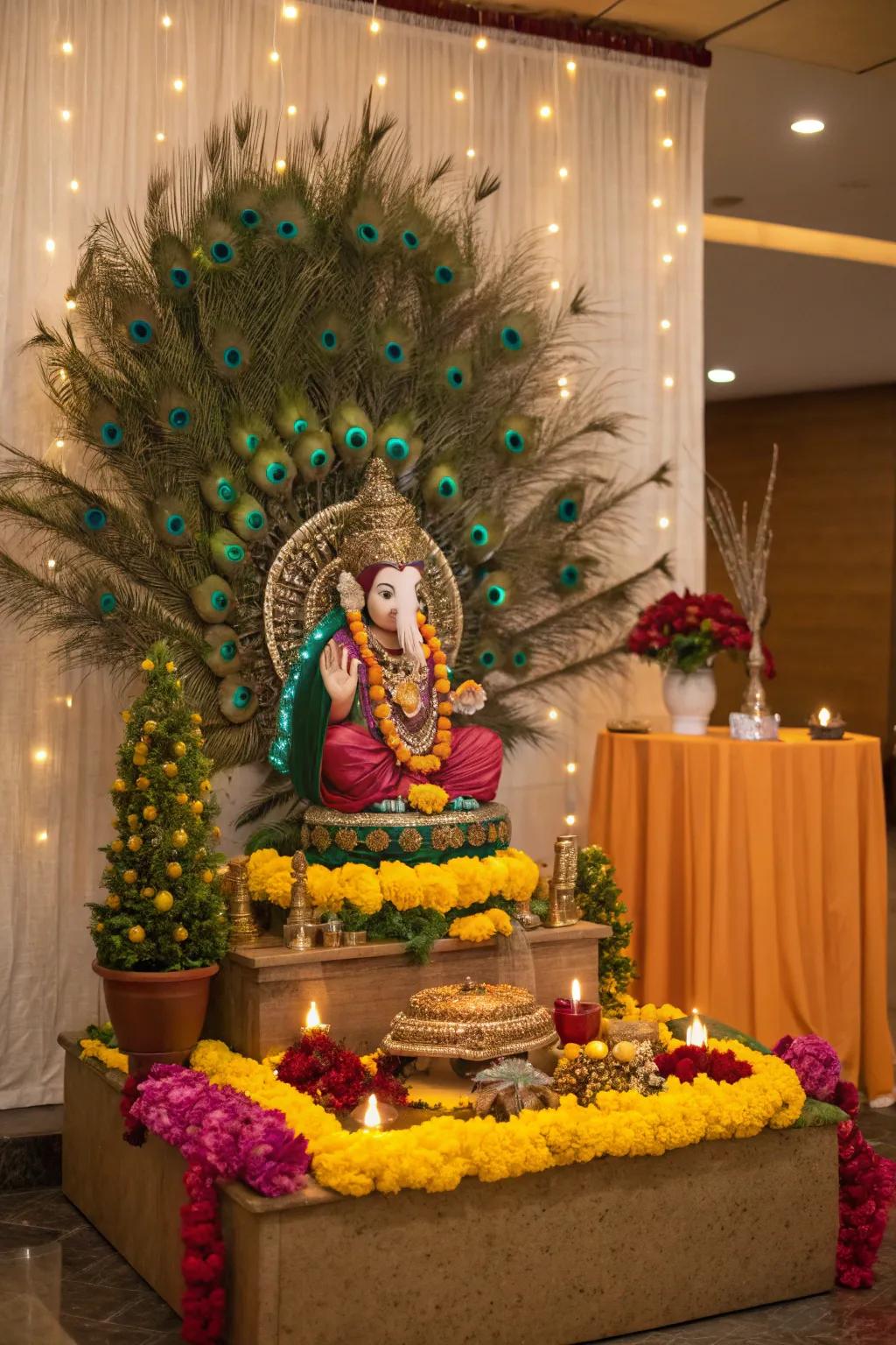 Elegant peacock feathers incorporating a semblance of splendor and symbolism to the Ganesh Chaturthi ornamentation.