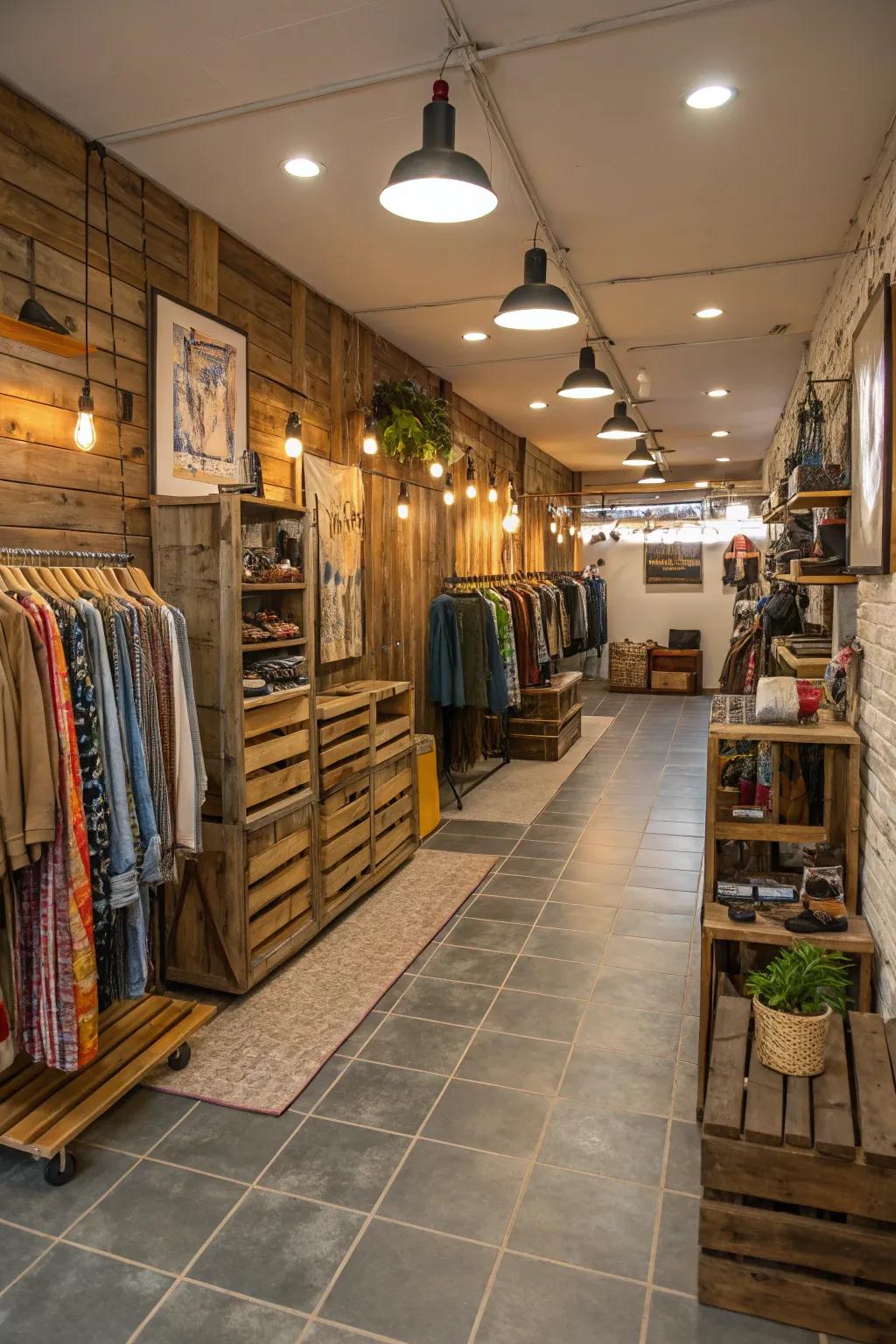 Eco-conscious touches such as recycled materials and energy-efficient lights inside a garage boutique.