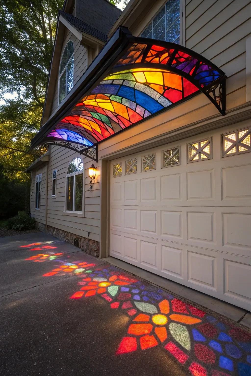 Artistic decorated glass shelter with vibrant light effects.