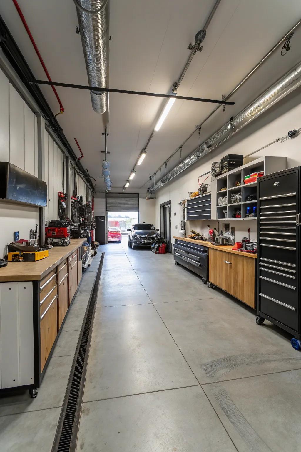 A garage expansion with ample space for a personalized workshop.