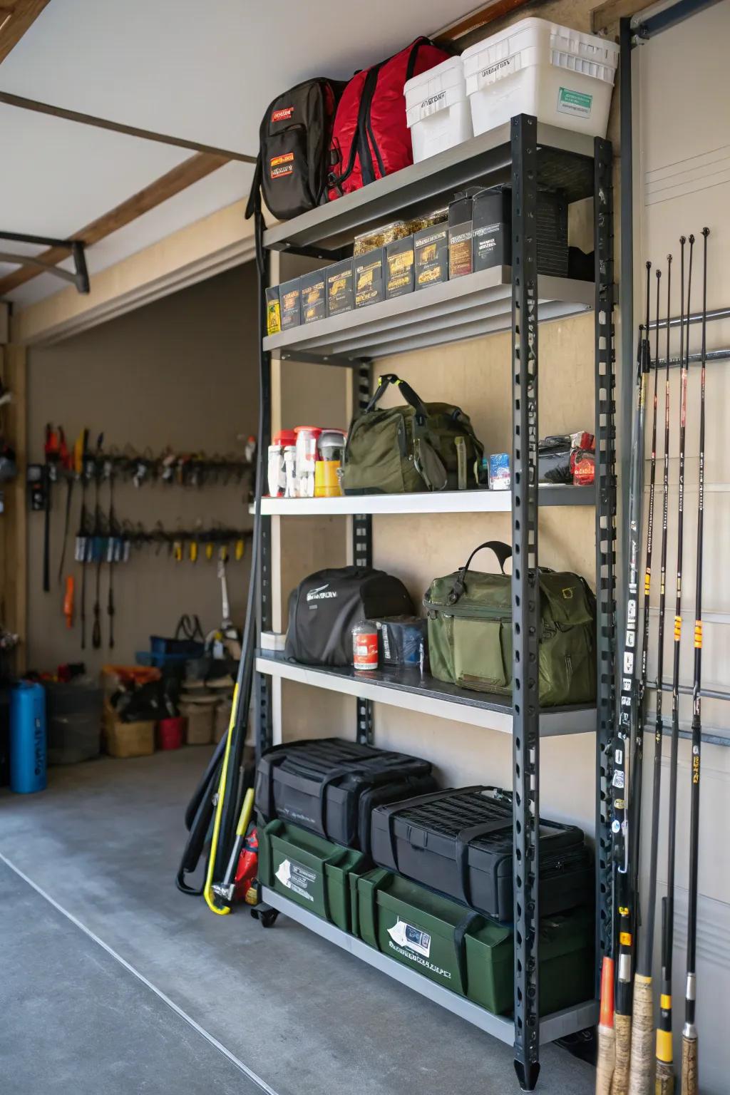Corner shelving helps make the most of space for large fishing equipment.