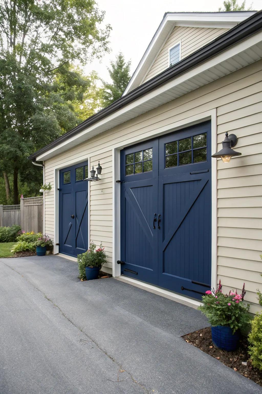 A garage that stands out with its vibrant navy entrances.