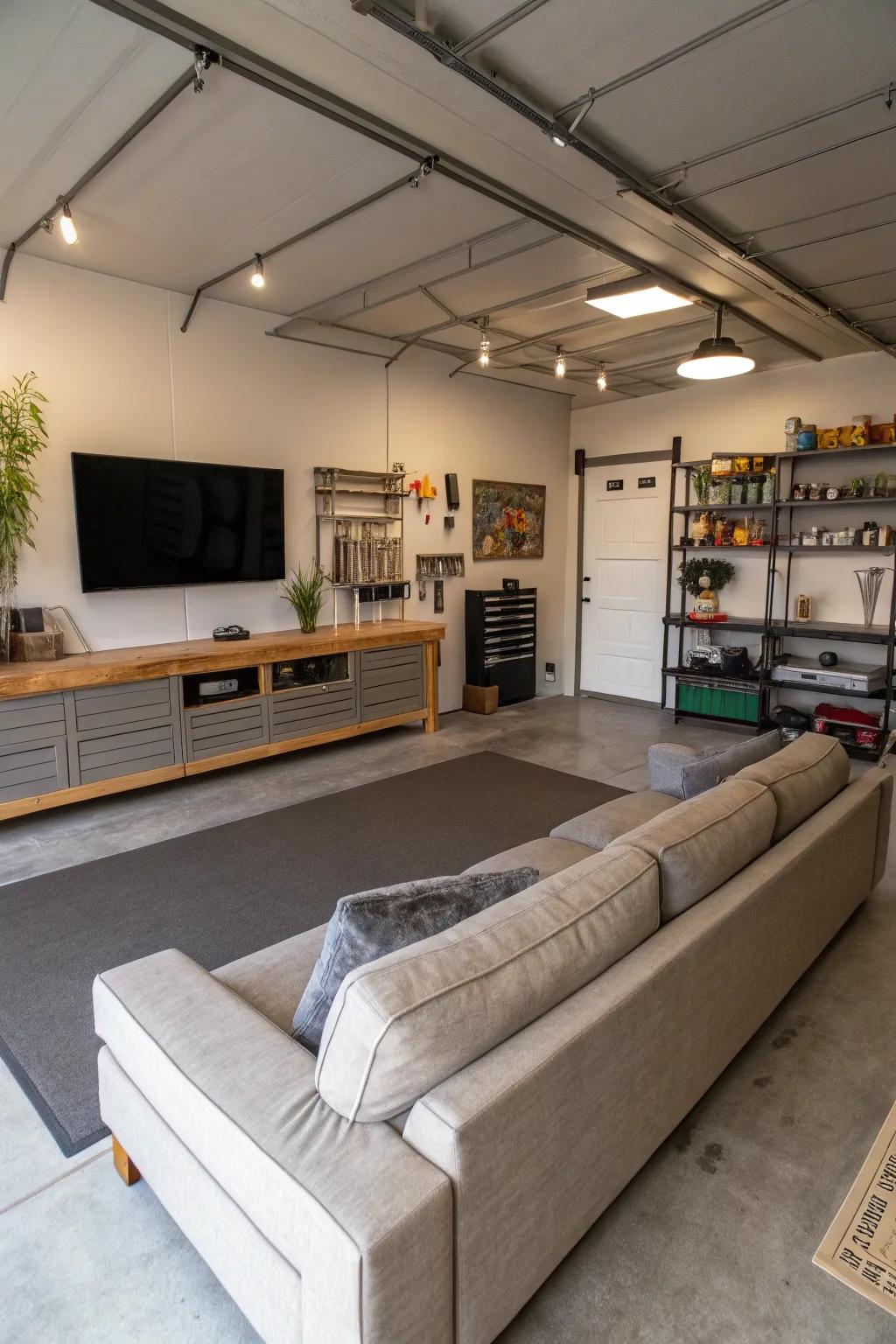 Open-concept design maximizes space and relaxation in your man cave.