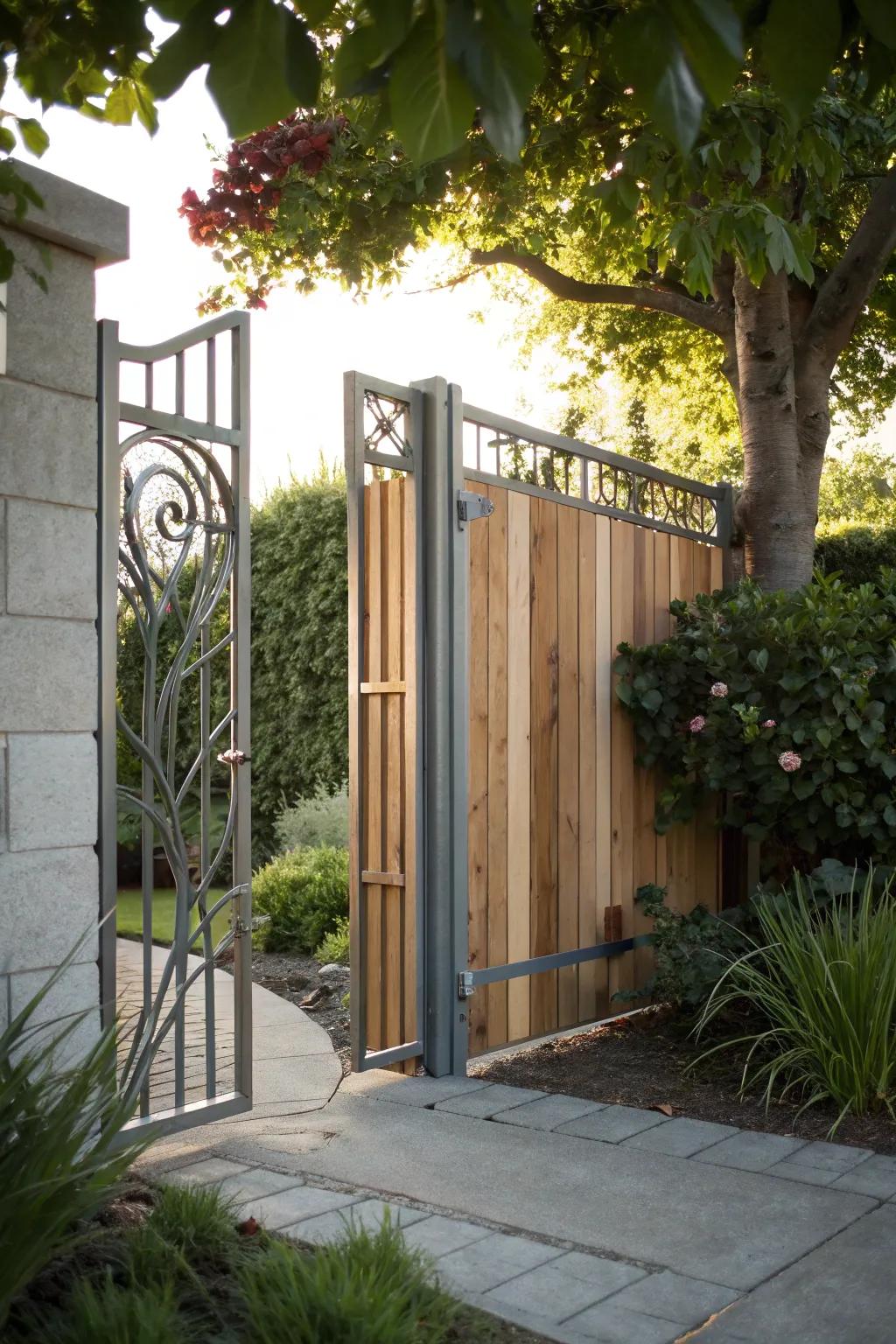 Modern garden access combining metal and wood for style and durability.