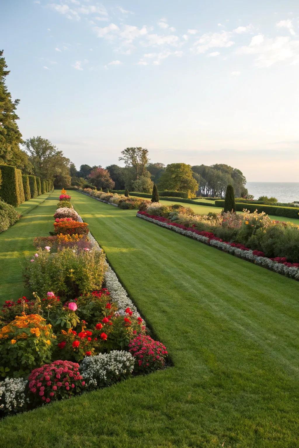 A perfectly manicured lawn with well-defined borders and vibrant flower beds.