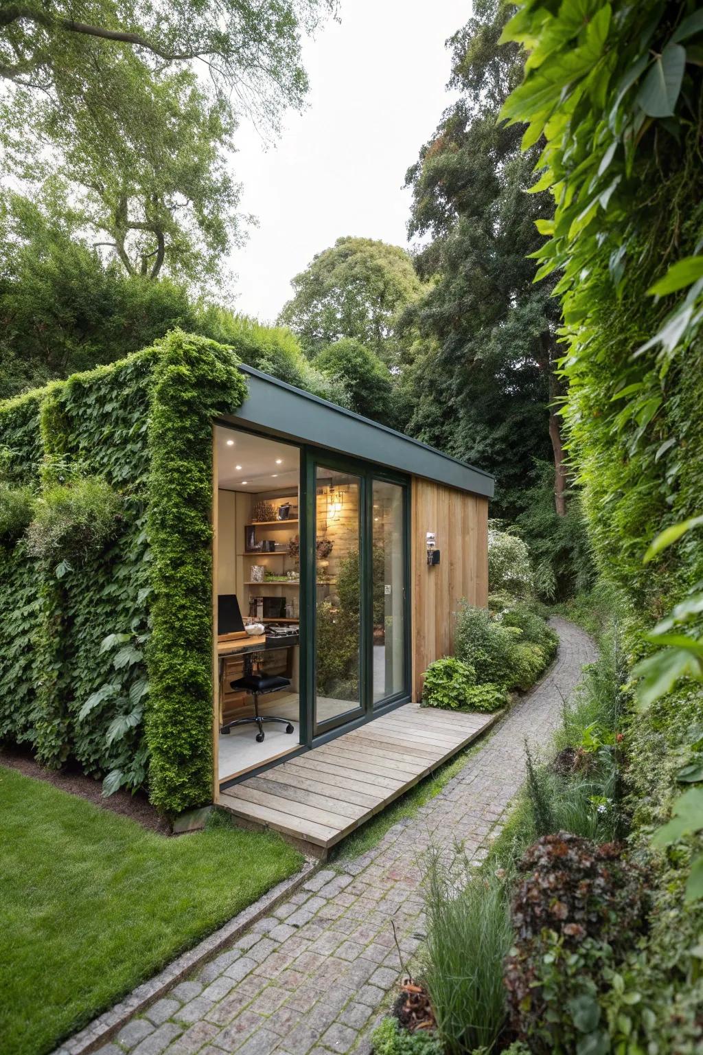 A garden office surrounded by green walls, offering a secluded workspace.