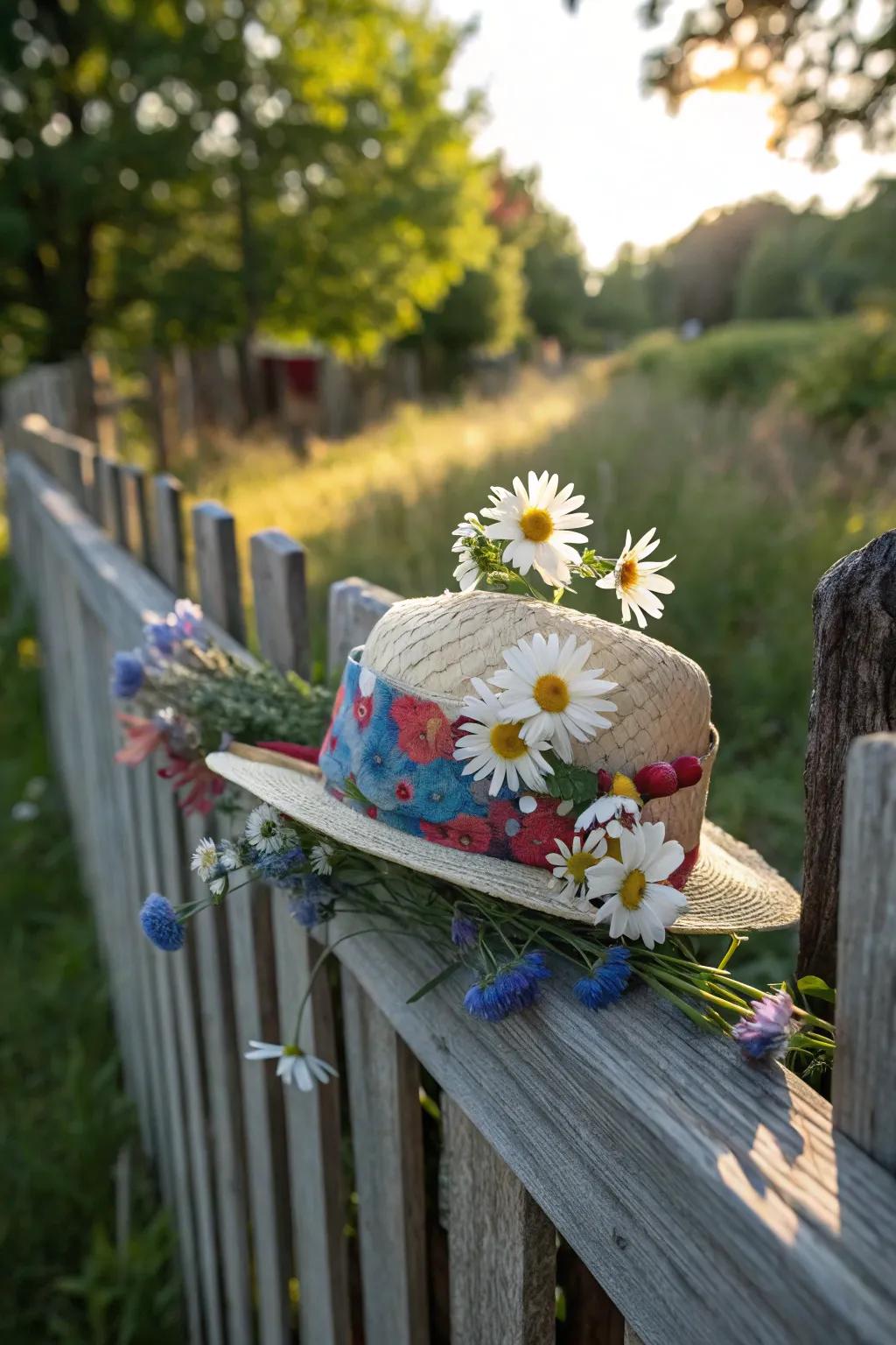 Pastoral charm hat with a carefree wildflower vibe.