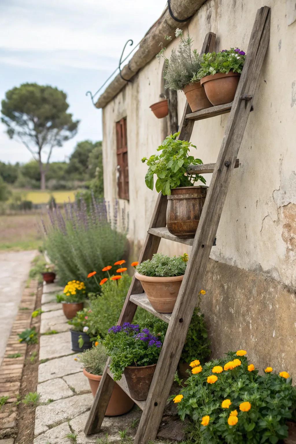 An upright stepped flowerbed filled with potted plants.