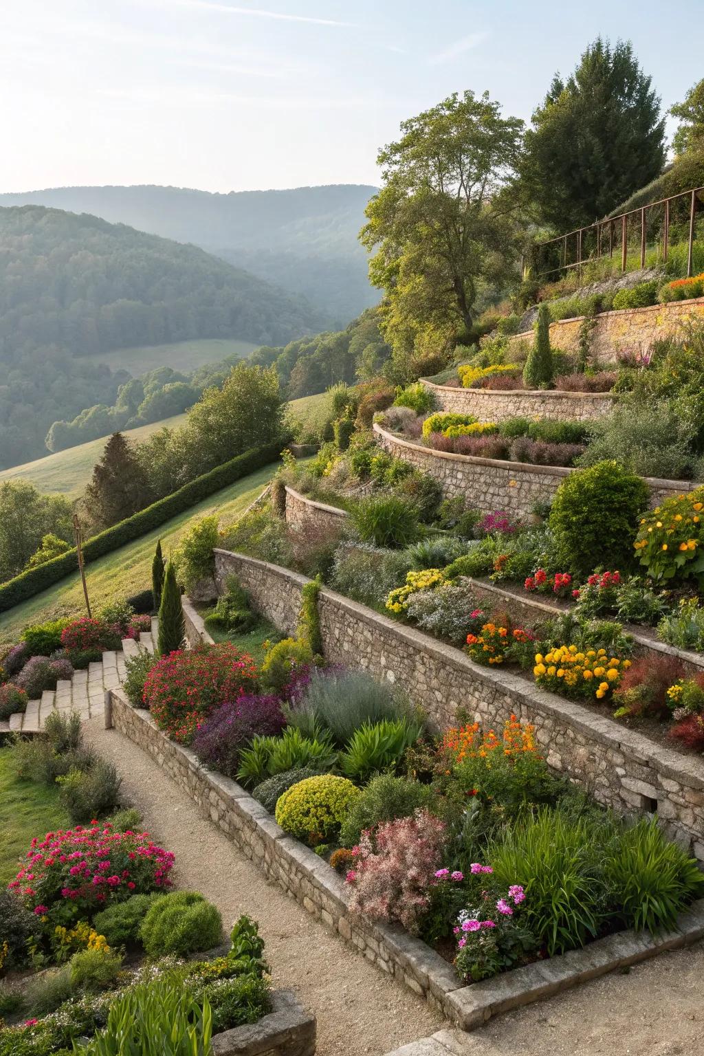 Tiered flora beds present a layered, dynamic planting expanse.