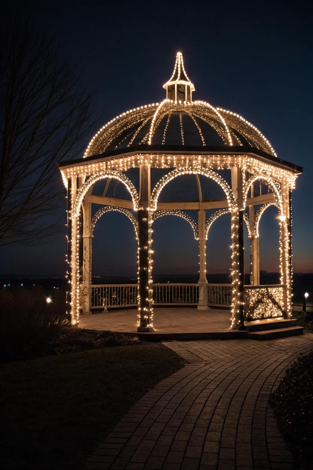 Thread lights define the gazebo, magnificently accentuating its structure.