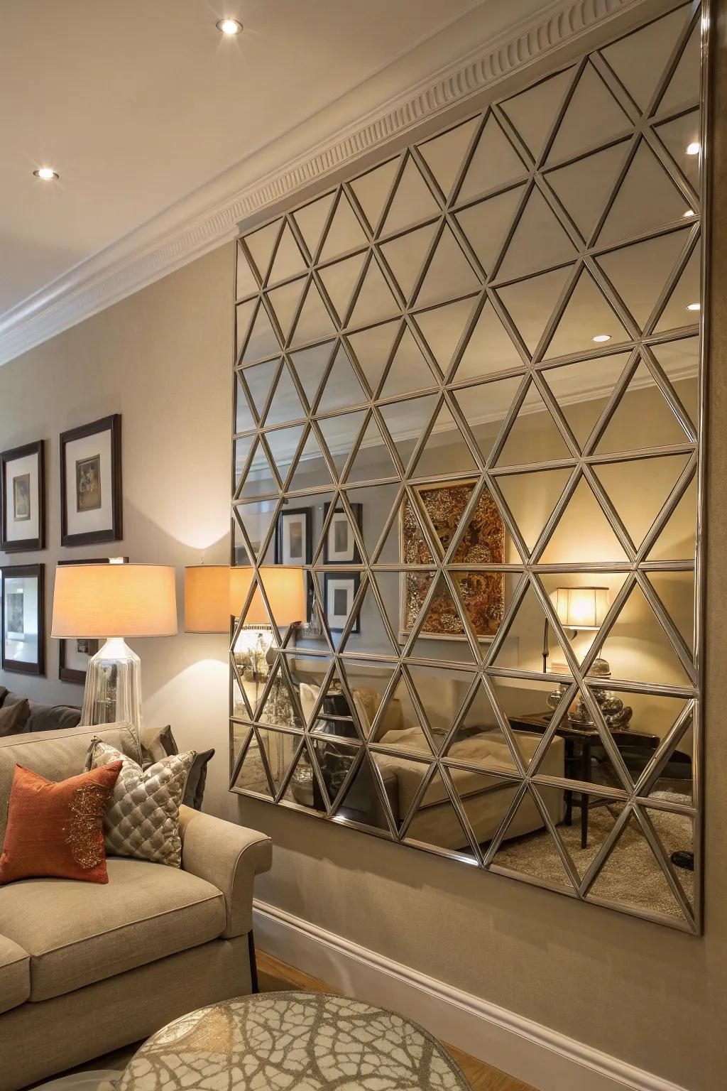 Reflective geometric artwork incorporates luminescence and a dash of opulence.