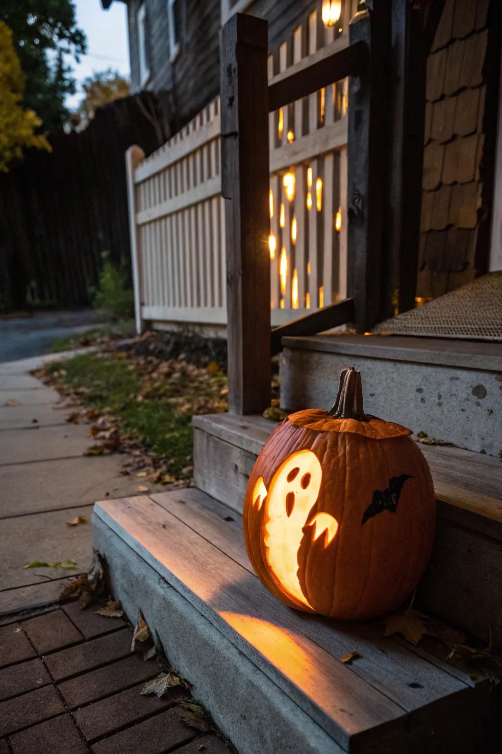 An etched squash specter adds a spectral radiance to your Halloween ornamentation.