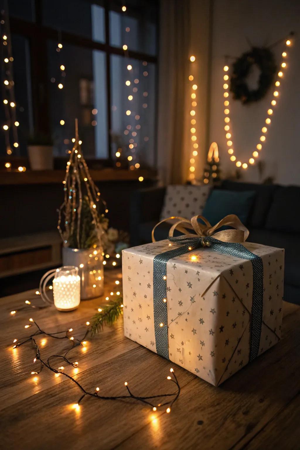 Gift with twinkling lights ribbon