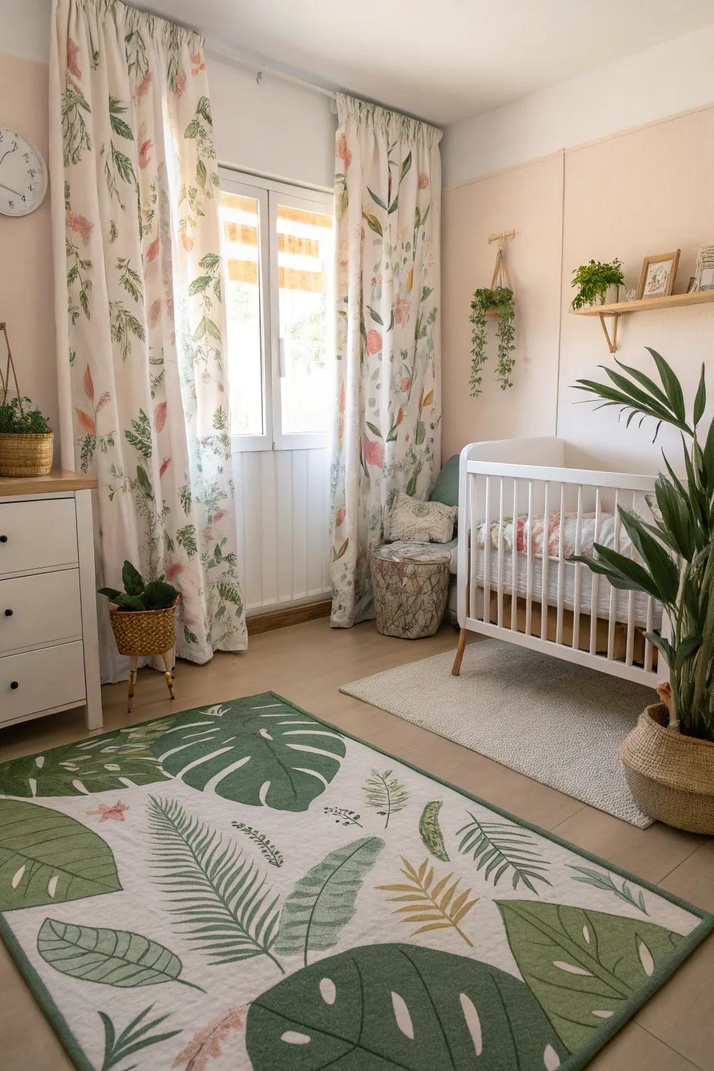 Plant-inspired fabrics contribute a natural touch to the nursery.