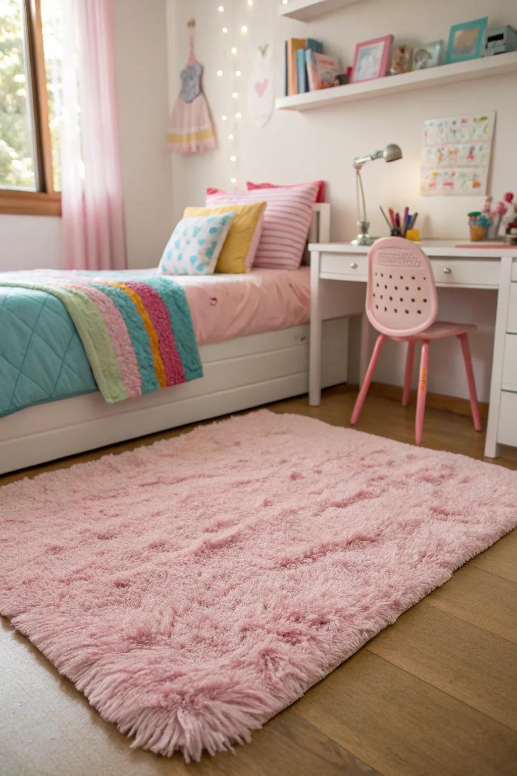 A gentle rose floor covering adds coziness and style.