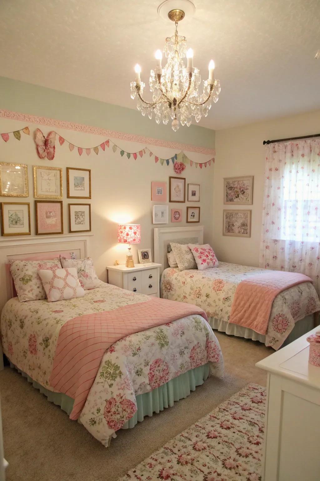 Elegant sparkle parts up the vibe in a shared girls' space.