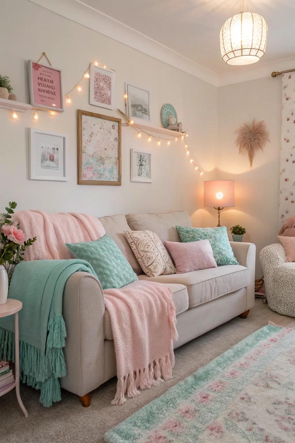 A serene living area featuring subtle hues for a soft look.
