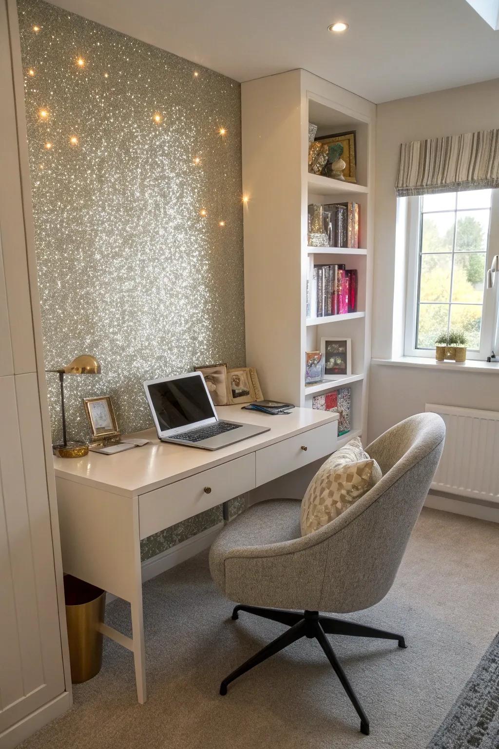 A sparkling wall fosters creativity in a home office.