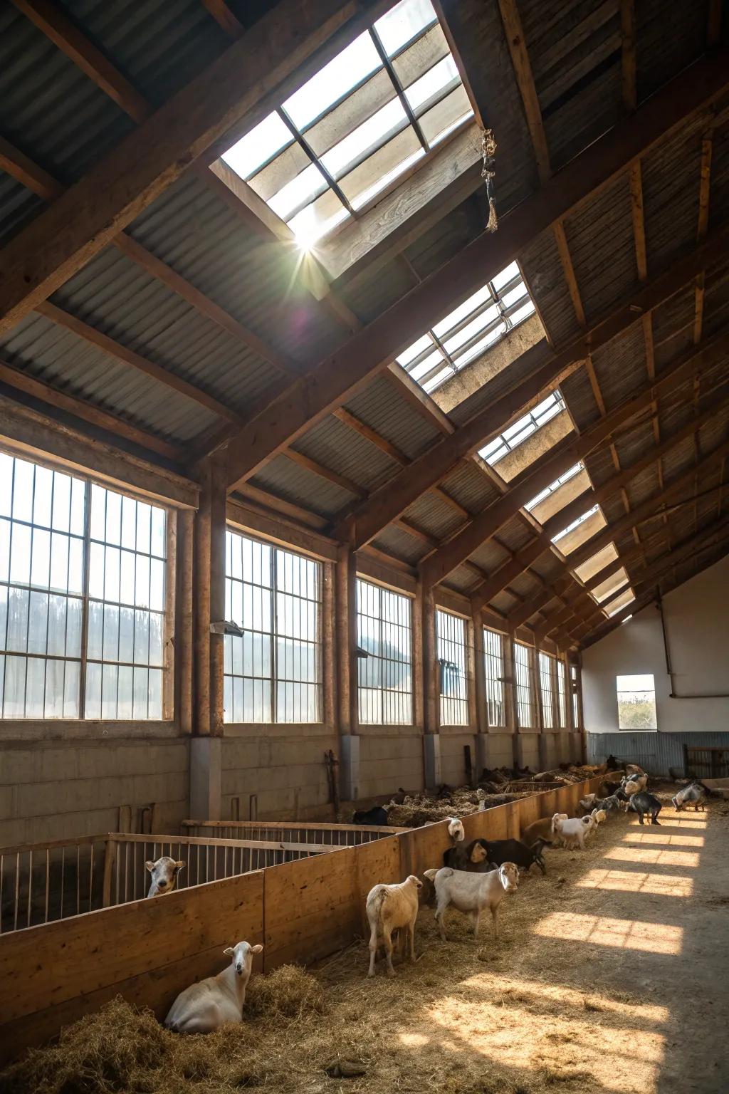 Broad panes and skylights brighten this goat shelter.