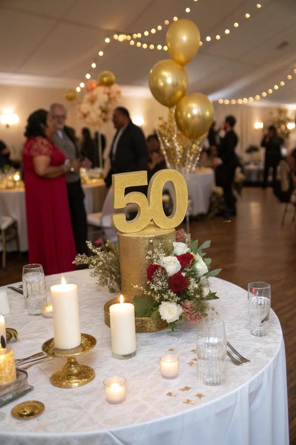 Bold gold '50' centerpieces command attention, serving as the event's focal point.