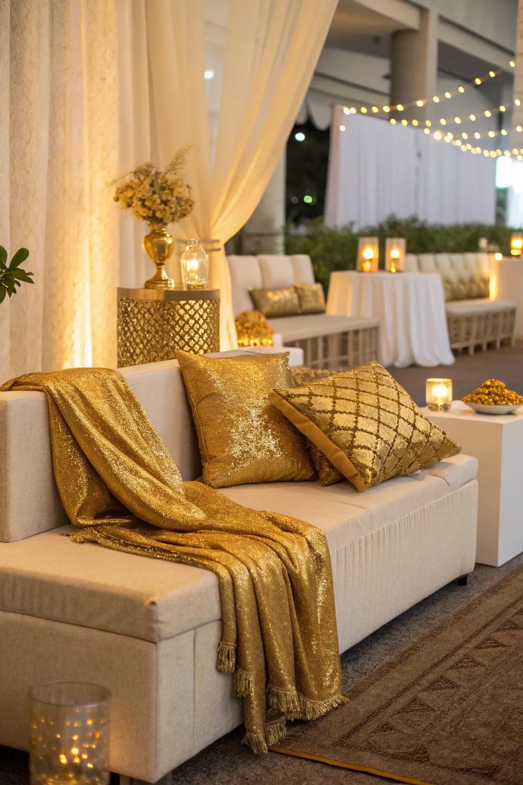 A fashionable seating arrangement accented with gold, adding an additional layer of luxury.