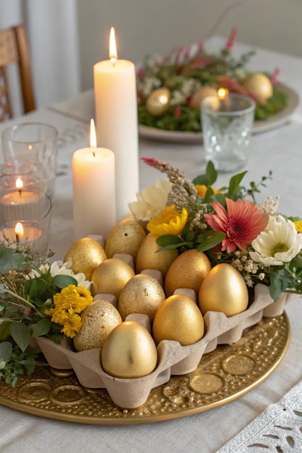 A gilded egg focal point that introduces sophistication to any Easter setting.