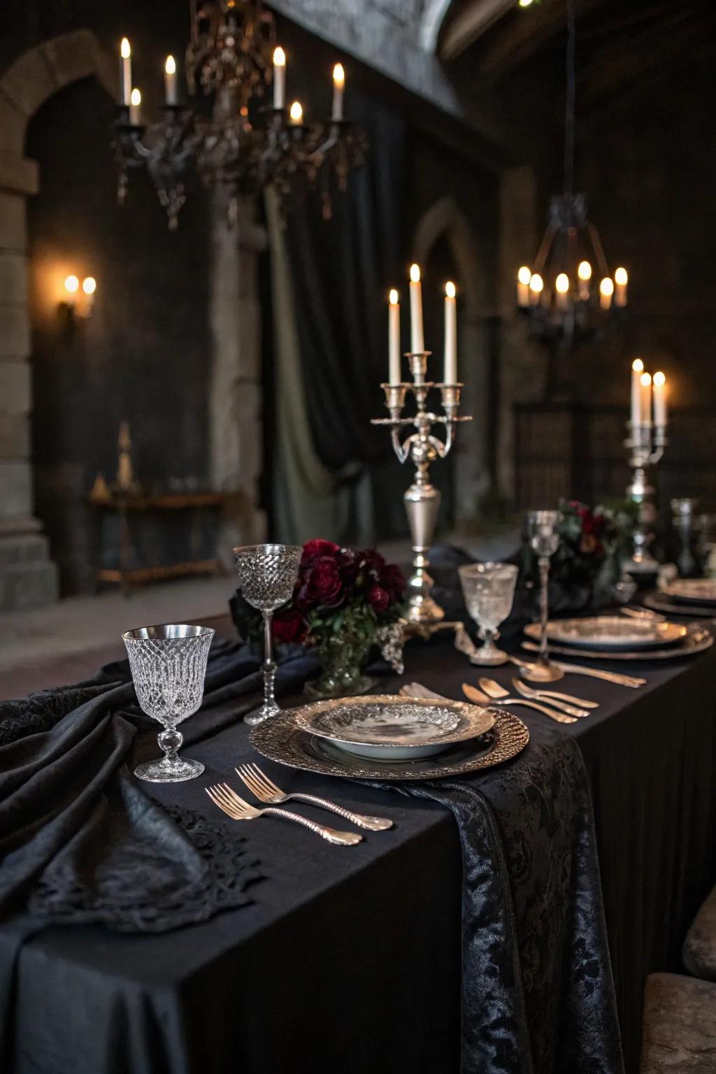 A gothic wedding table setting with vintage cutlery and shadowy linens.