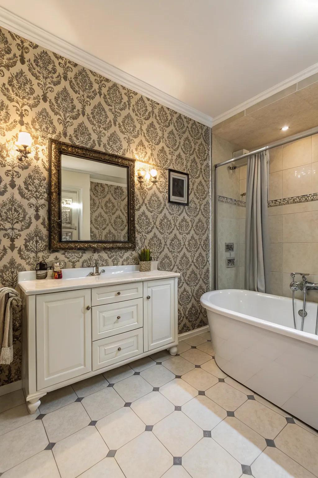Lavish prints add a decorative flair to the gothic washroom.