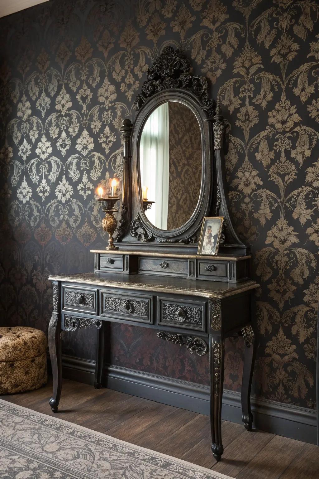 Designed wall coverings provide a rich backdrop for your shadowed dressing table.